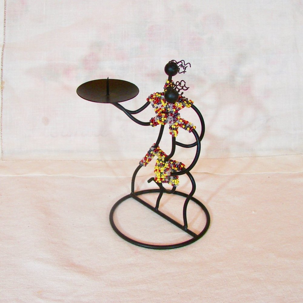 Post Modern Figural Abstract Metal African Candle Holder, Beaded Sculpture,